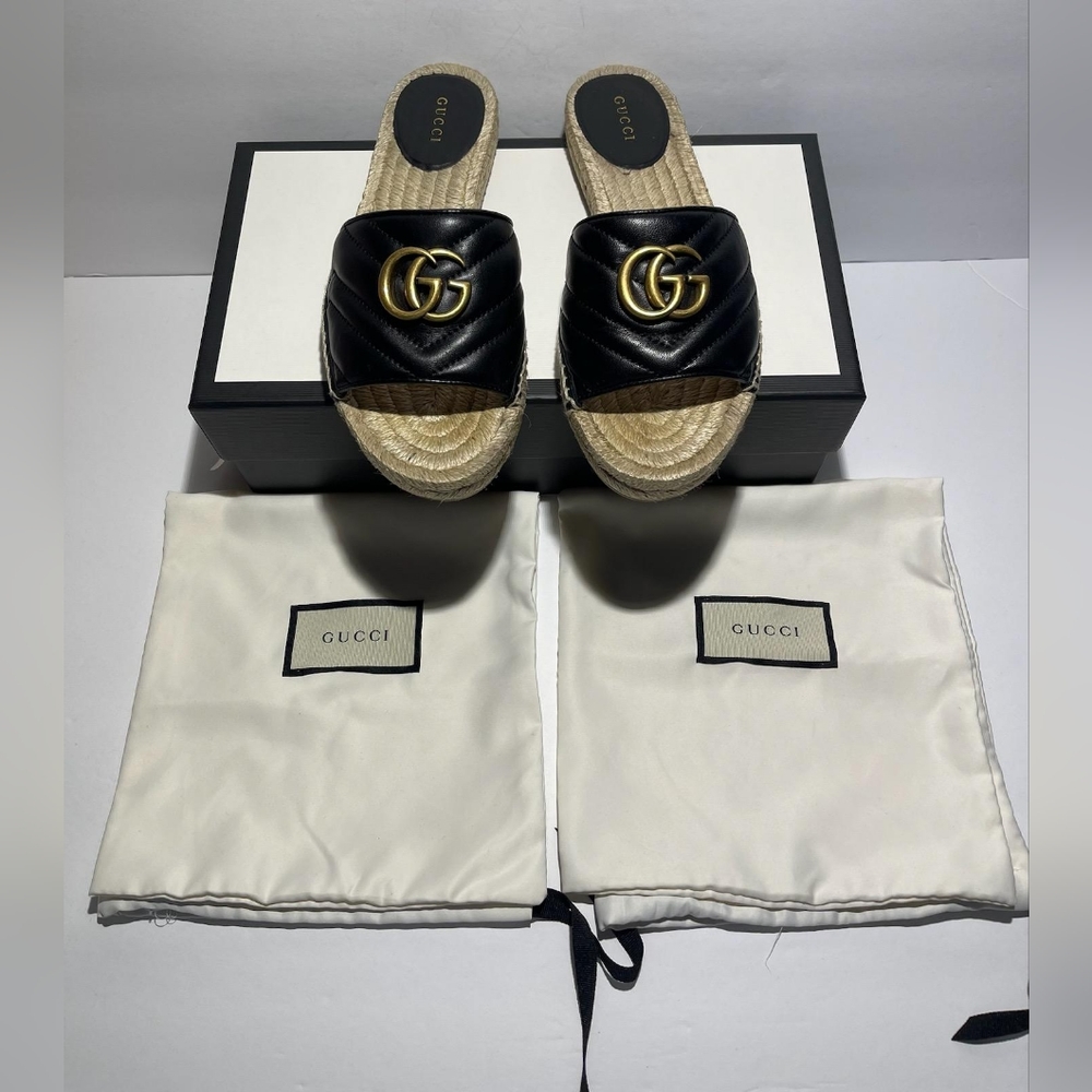 GUCCI GG Women's Matelasse Leather Espadrille Slide Sandal Black Size 37/7 - Picture 7 of 10